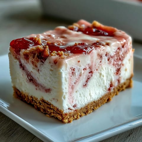 A creamy no-bake cheesecake with vibrant guava marmalade swirls on a buttery biscuit crust.