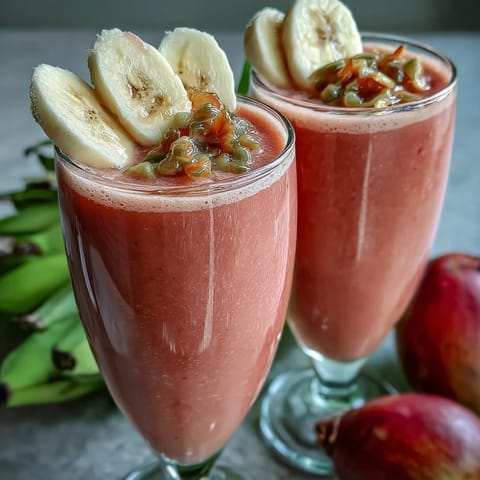 A vibrant glass of creamy guava banana smoothie topped with fresh banana slices and tropical flair.