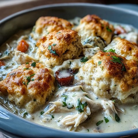Hearty chicken and dumplings with ranch seasoning, carrots, and celery in a rich broth.  