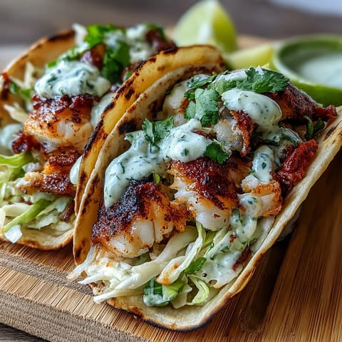 Zesty lime-marinated fish fillets pan-seared and served in warm tortillas with crunchy cabbage slaw and creamy avocado slices.