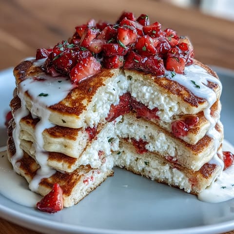 Fluffy cottage cheese strawberry protein pancakes topped with fresh diced strawberries for a healthy breakfast.  