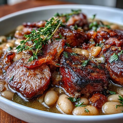 Hearty slow-cooked cassoulet with savory ham, white beans, and herbs, served bubbling hot from the oven.  
