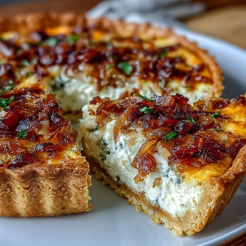 Golden caramelized onion and bacon quiche with smoky bacon, sweet onions, and creamy custard in a flaky pastry crust.
