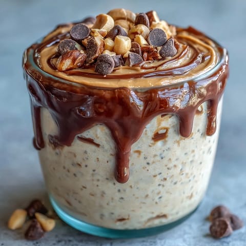 Decadent peanut butter cup overnight oats jar layered with creamy oats, rich chocolate, and peanut butter swirls, topped with mini chocolate chips.