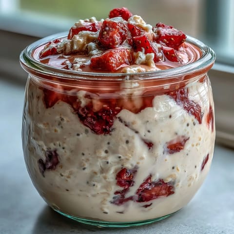 A creamy jar of strawberry vanilla protein overnight oats, topped with fresh berries and chia seeds for a nutritious breakfast.