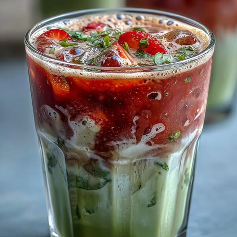 A creamy, vibrant iced latte with strawberry purée, matcha, and coconut milk in a tall glass over ice.