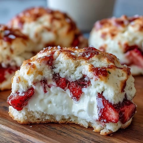 Close-up of soft cottage cheese strawberry shortcake cookies, bursting with fresh berries and a golden finish.  