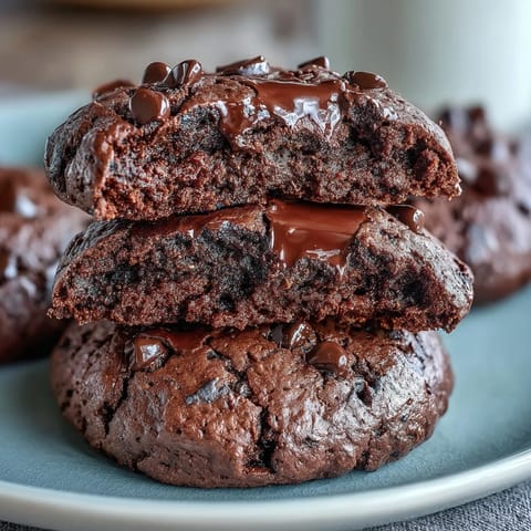 Double chocolate cottage cheese protein cookies with rich cocoa and melted chocolate chips, perfect for a high-protein snack.