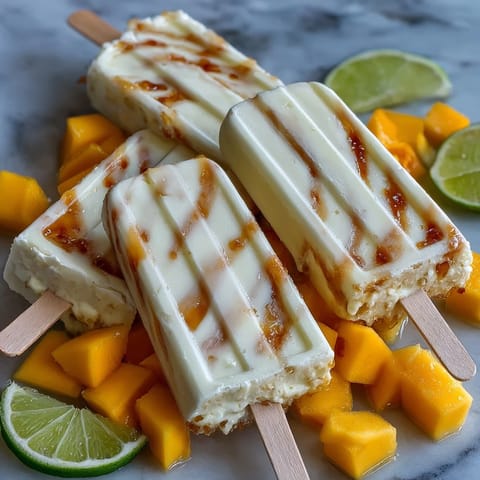 Creamy Greek yogurt and mango swirl freezer pops, a refreshing summer dessert with marbled tropical flavor.