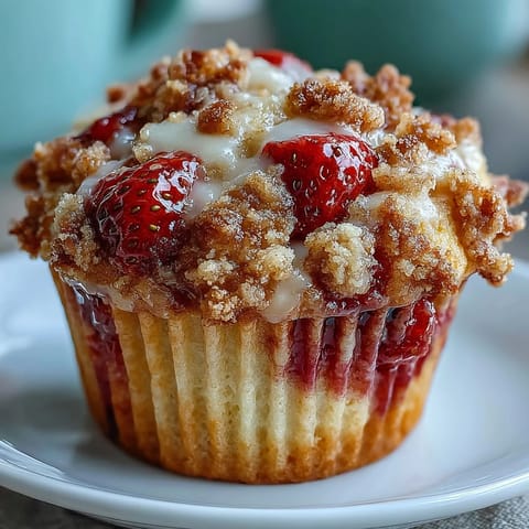Fresh strawberry muffins with golden crumble topping, perfect for a sweet breakfast or afternoon treat.