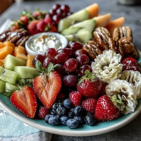Fresh fruit platter arranged in a floral bloom design with creamy yogurt dip, perfect for baby showers and spring gatherings.