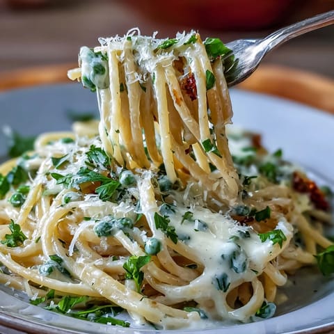 Bright lemon butter pasta with tender peas and a sprinkle of Parmesan, a fresh and creamy vegetarian dish.  