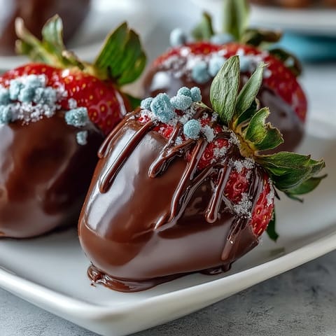 Fresh strawberries dipped in rich dark chocolate and topped with colorful Easter sprinkles for a festive dessert.