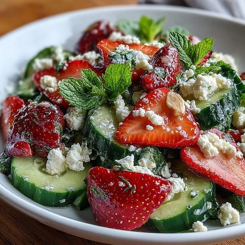 A vibrant cucumber and strawberry salad with fresh mint leaves, perfect for a light and refreshing spring side dish.