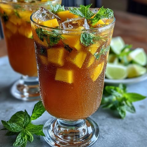 A vibrant pitcher of Mango Peach Sangria filled with fresh mango, peach slices, and citrus, perfect for summer parties.