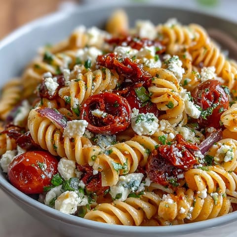 A colorful Greek pasta salad with olives, feta, and fresh vegetables in a tangy herb dressing.
