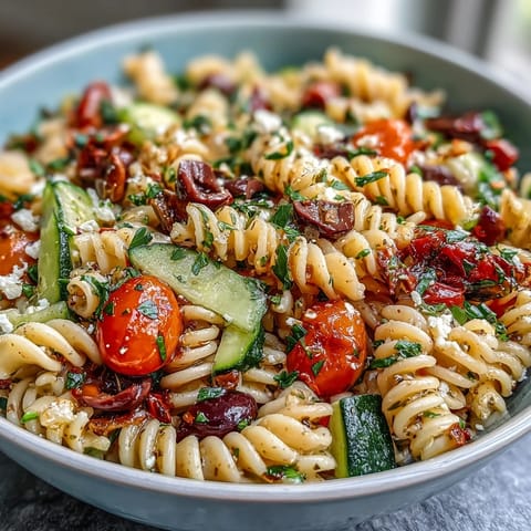Easy Summer Pasta Salad with Italian Dressing: A colorful bowl of chilled pasta salad packed with cherry tomatoes, cucumber, and mozzarella, tossed in zesty Italian dressing for a refreshing summer side.