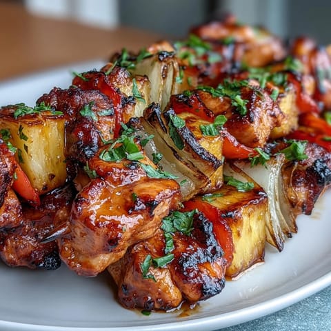Grilled pineapple chicken skewers with juicy chicken, sweet pineapple, and colorful peppers sizzling on the grill.  