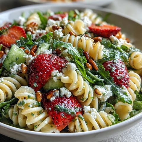 Spring pasta salad with strawberries, feta, and arugula in a large bowl, vibrant red berries and fresh greens mixed with al dente pasta.