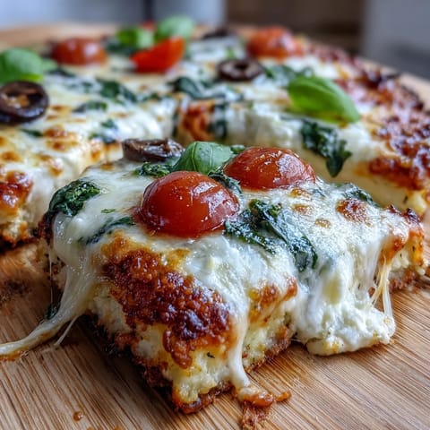 High-protein cottage cheese flatbread pizza topped with juicy cherry tomatoes and spinach, baked to perfection.  