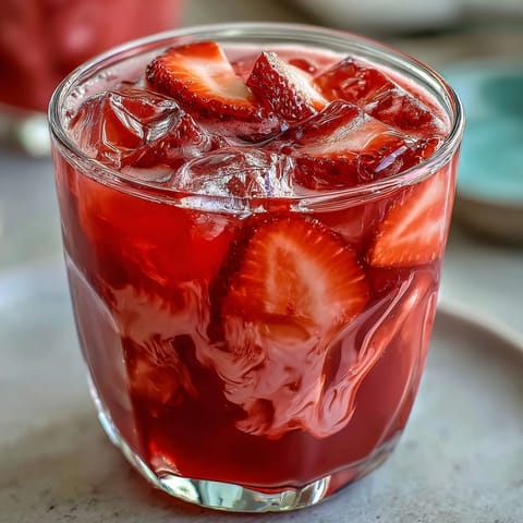 Vibrant pink strawberry acai refresher with coconut milk and fresh strawberries, perfect for a cooling summer drink.