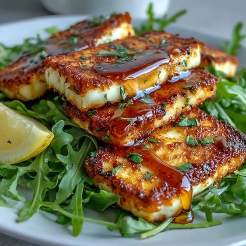 Golden, pan-seared halloumi drizzled with spicy honey over fresh arugula, a vibrant vegetarian appetizer.  