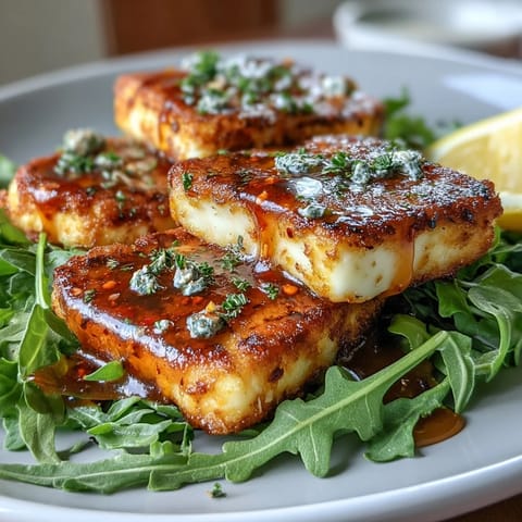 Crispy halloumi cheese slices paired with chili-infused honey, served on peppery arugula for a Mediterranean starter.  