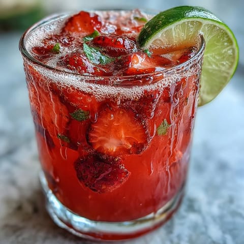 A refreshing glass of strawberry agua fresca with fresh fruit slices and lime garnish, perfect for summer gatherings.