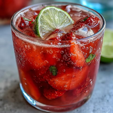 Vibrant homemade strawberry agua fresca served over ice with a sprig of mint for a cooling, fruity drink.