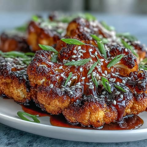 Thick, golden-brown cauliflower steaks roasted and glazed with a glossy, savory-sweet teriyaki sauce for a vegetarian main dish.  