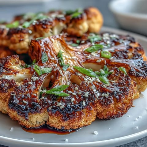 Vegetarian cauliflower steaks brushed with homemade teriyaki sauce, roasted until caramelized, and garnished with sesame seeds and scallions.  