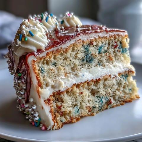 A vibrant confetti cake with rainbow sprinkles, layered with silky champagne frosting for a festive graduation treat.