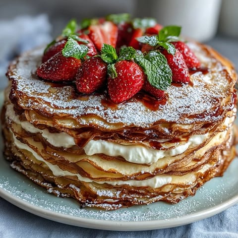 Layered Mother's Day crêpe cake with strawberry mascarpone cream and fresh strawberry garnish.  