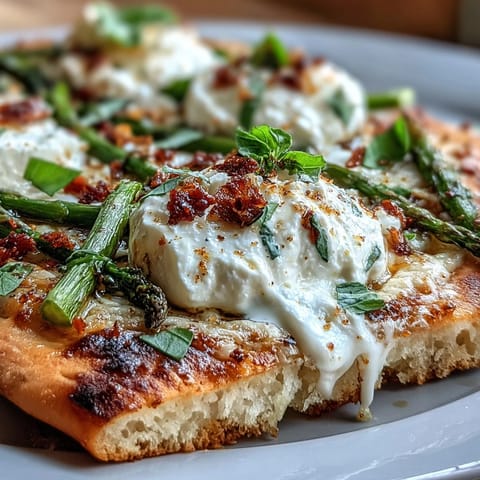 Vibrant roasted asparagus flatbread topped with creamy burrata, fresh lemon zest, and fragrant basil, perfect for spring appetizers.