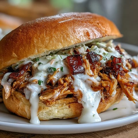 Smoked pulled chicken piled high on soft buns with creamy white BBQ sauce and crunchy coleslaw. Juicy, tender smoked chicken sandwiches topped with tangy Alabama-style white BBQ sauce. Tender smoked pulled chicken served on toasted buns with zesty white BBQ sauce for a Southern classic.