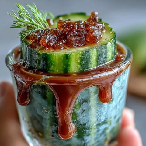 A vibrant Chamoy Pickle Kit in a Cup featuring a tangy pickle wrapped in a fruit roll-up, drizzled with zesty chamoy sauce and Tajín seasoning.