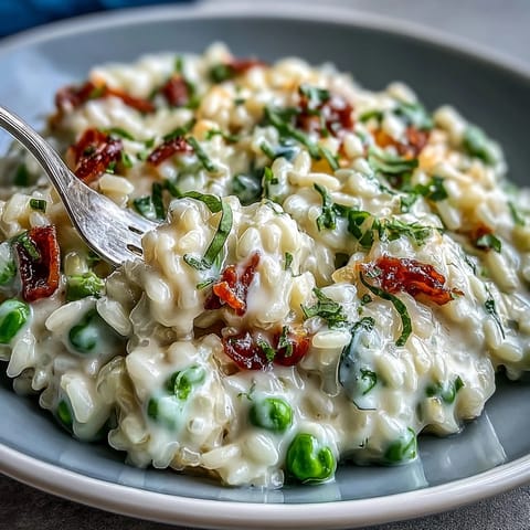 Rich and comforting Spring Pea Risotto, featuring bright peas, zesty lemon, and aged Parmesan for a fresh seasonal meal.  