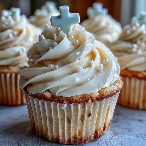 Communion cupcakes with white fondant cross toppers on a white plate, perfect for religious celebrations.  