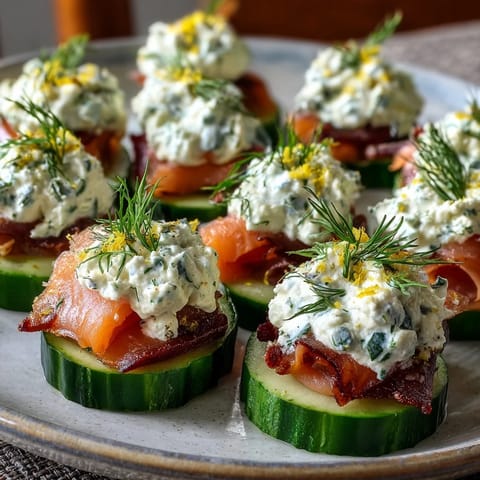 Smoked salmon cucumber bites with creamy herbed cheese on crisp cucumber rounds.  