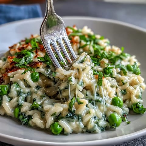 Creamy Spring Pea Risotto with fresh mint and Parmesan, a vibrant vegetarian dish perfect for spring dinners.  
