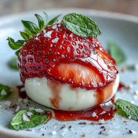 Fresh Strawberry Caprese salad with juicy strawberries and creamy mozzarella.