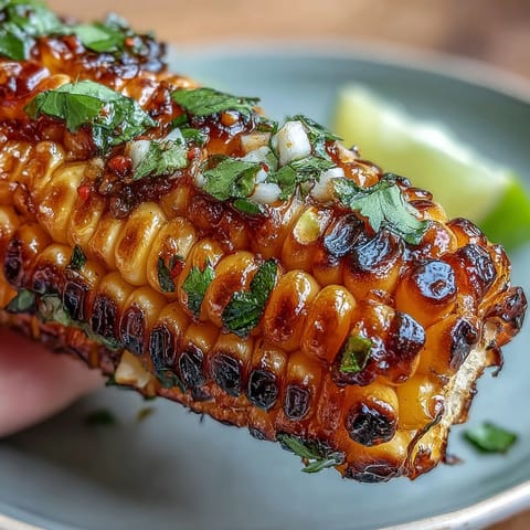 Grilled corn ribs glistening with zesty chili lime butter, perfect summer side dish.