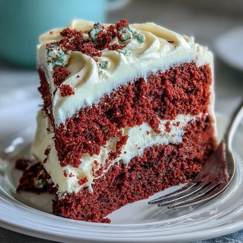 Decadent Juneteenth Red Velvet Cake, showcasing fluffy layers and luscious cream cheese topping.