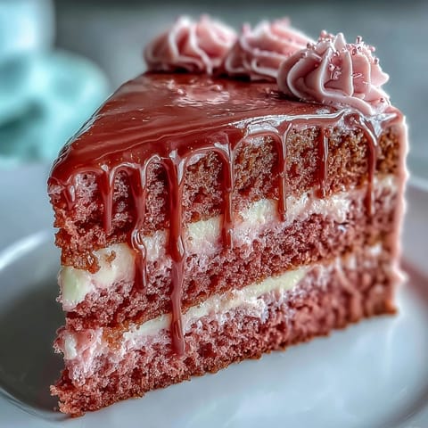 Elegant Rosé Velvet Cake photo with shimmering gold drip for a bridal shower.