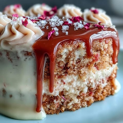 A pink Bridal Shower Rosé Velvet Cake with a shimmering gold drip.