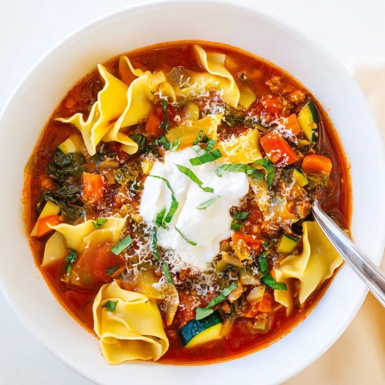 Hearty veggie-packed one-pot lasagna soup, loaded with colorful vegetables and cheesy goodness.