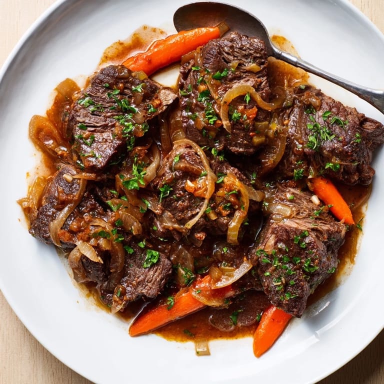 Savory braised beef in rich caramelized onion gravy, perfect for family dinners.  
