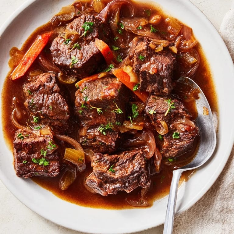 Delicious braised beef with sweet onion gravy, garnished with fresh parsley sprigs.