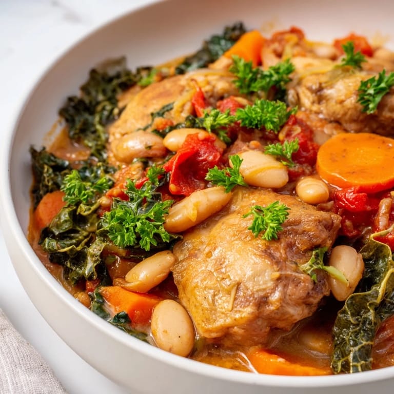Aromatic Slow-Cooked Tuscan Chicken Stew simmering with cannellini beans and fresh herbs.