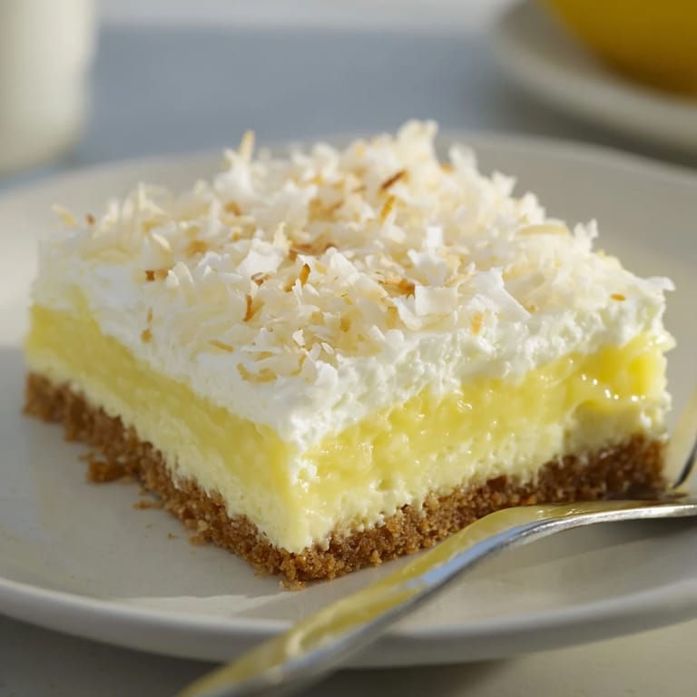 Chilled No-Bake Lemon Coconut Squares, a refreshing treat with tangy filling.  